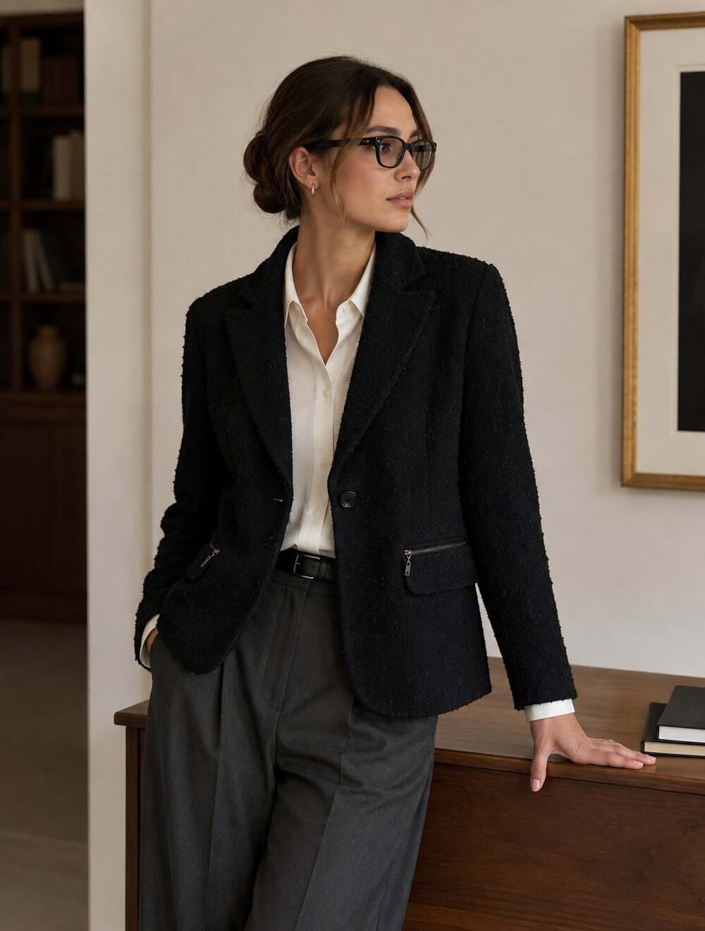 Zanella Platinum Italy Black Mohair Wool Bouclé Blazer Jacket Women 14 Luxe